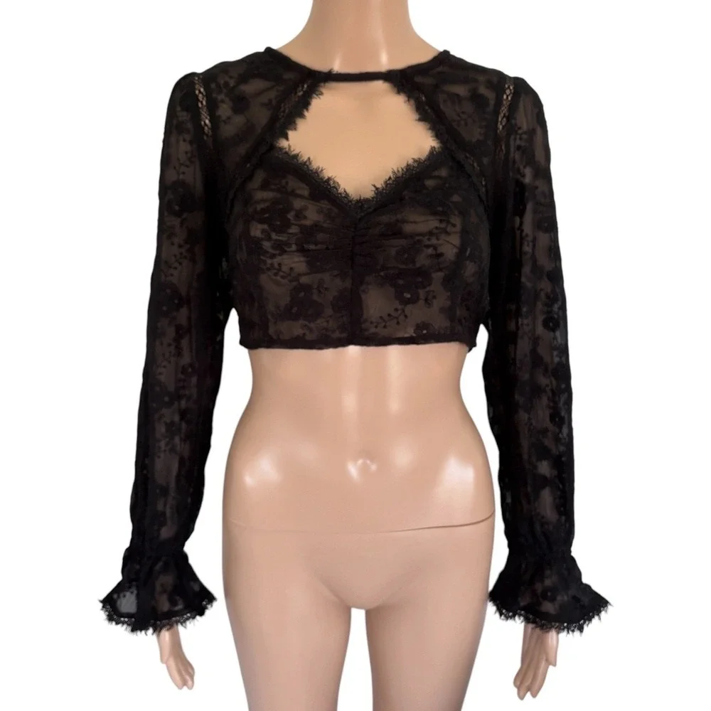 Free People Intimately Sheer Lace Crop Top Black Long Sleeve S NWT Whimsigoth